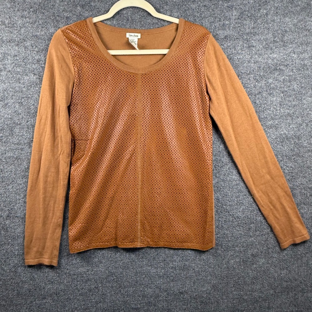 Neiman Marcus Small Womens Perforated Leather Front Cashmere Blend Sweater Brown